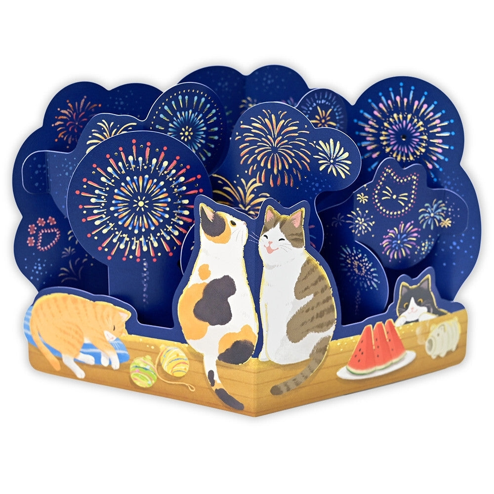 3D-Karte - Katzen & Japanisches Feuerwerk