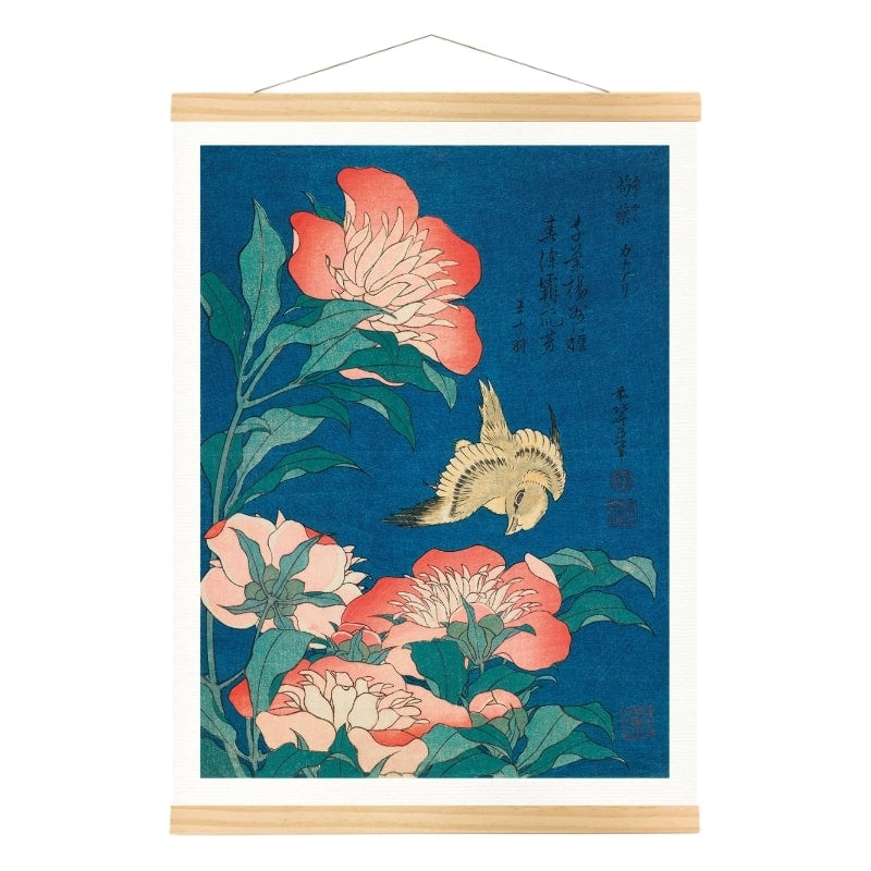 Japanischer Stempel Pfingstrosen & Kanarienvogel - A3