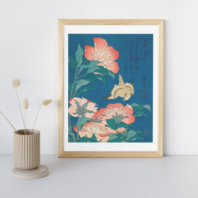 Japanischer Stempel Pfingstrosen & Kanarienvogel - A3