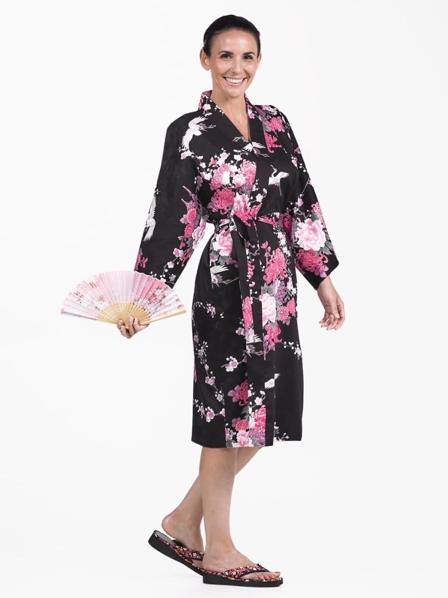 Happi Kimono Damen – Schwarzer Kranich & Blumen Einheitsgröße