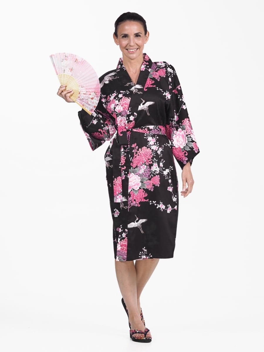 Happi Kimono Damen – Schwarzer Kranich & Blumen Einheitsgröße