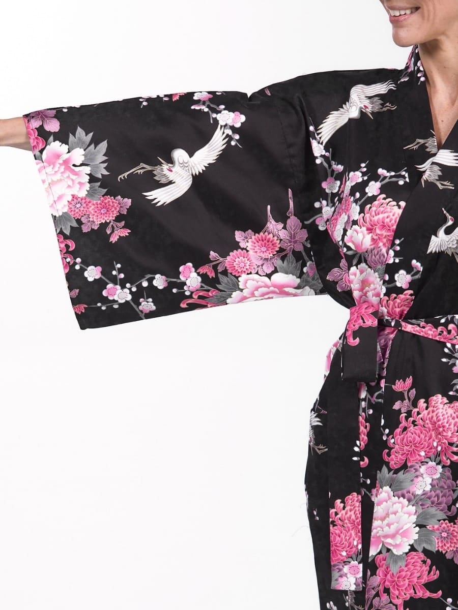 Happi Kimono Damen – Schwarzer Kranich & Blumen Einheitsgröße