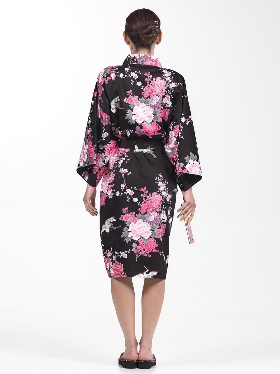 Happi Kimono Damen – Schwarzer Kranich & Blumen Einheitsgröße