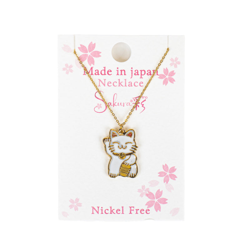 Japanische Halskette mit Anhänger Maneki-Neko Weiß und Gold