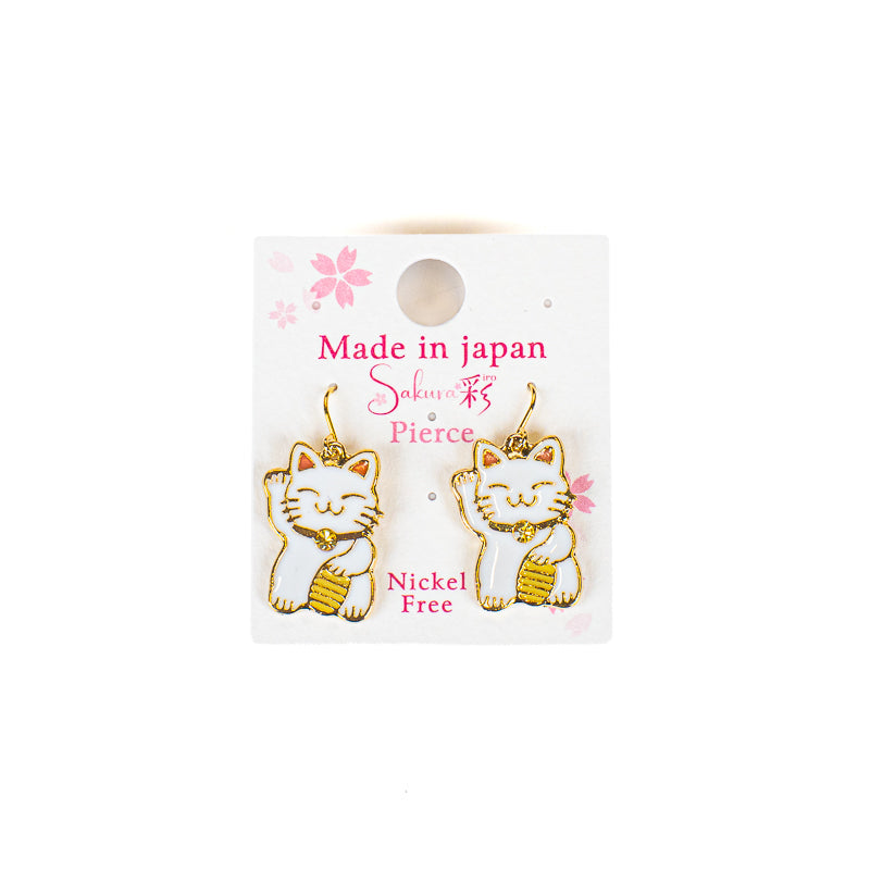 Japanische Ohrringe Maneki-Neko Weiß und Gold