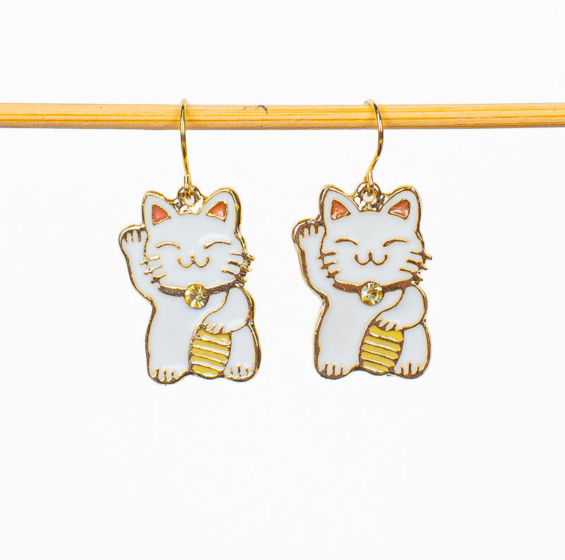 Japanische Ohrringe Maneki-Neko Weiß und Gold