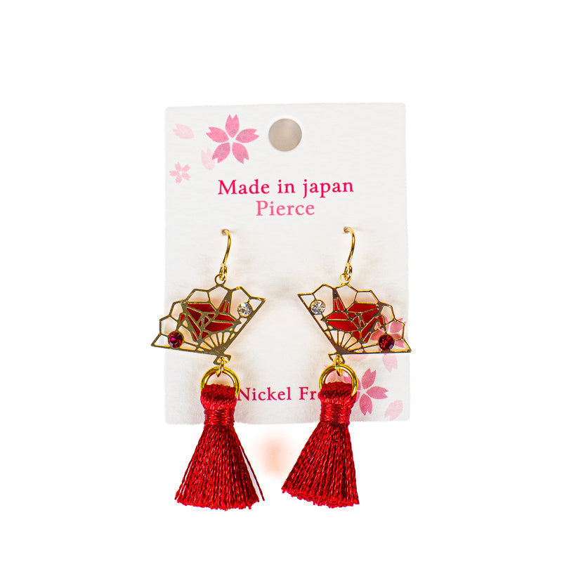 Japanische Ohrringe Sensu-Fächer und roter Pompon