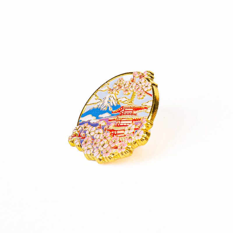 Japanischer Metall-Pin – Tempel Fuji und Sakura