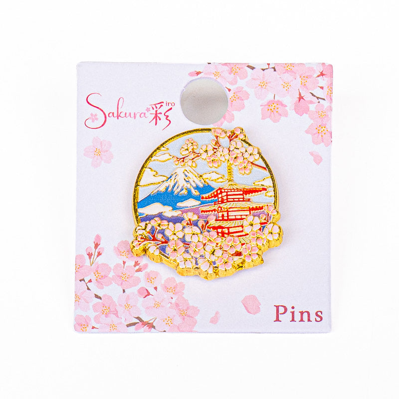 Japanischer Metall-Pin – Tempel Fuji und Sakura