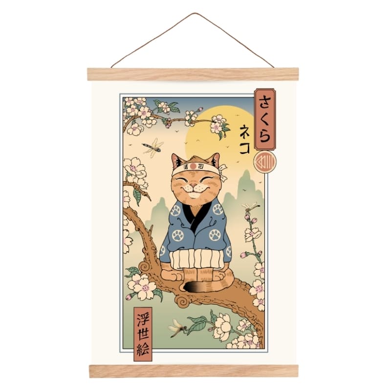 Japanisches Poster Ukiyo-e Neko Sakura A3