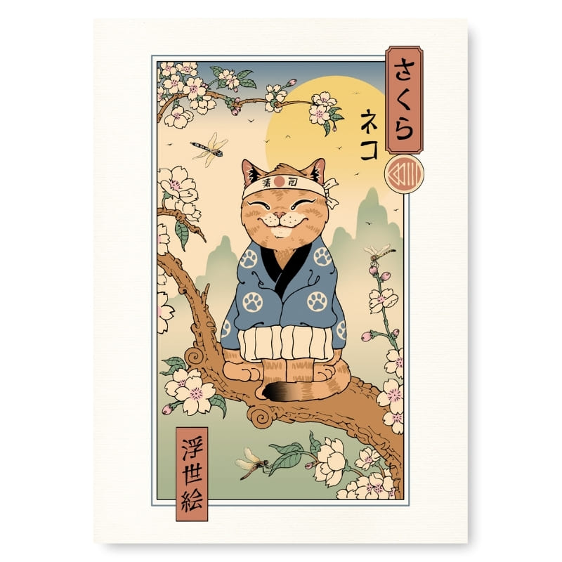 Japanisches Poster Ukiyo-e Neko Sakura A3