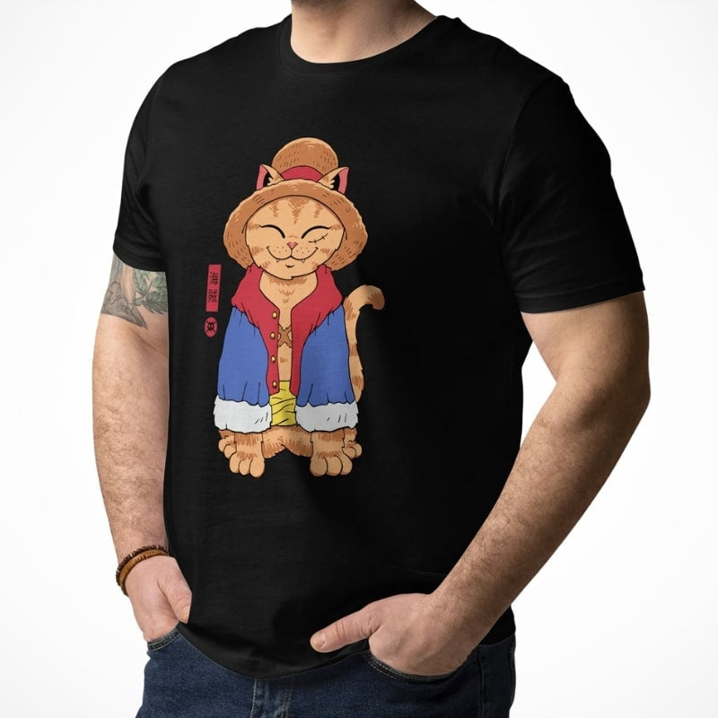 Japanisches T-Shirt Neko Strohhut