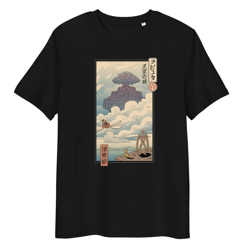 Japanisches T-Shirt Ukiyo-e Schloss im Himmel S / Schwarz
