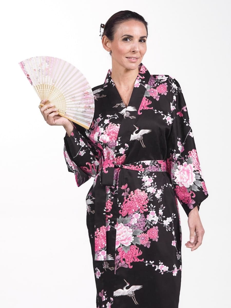 Kimono Happi Femme Noir Grue & Fleurs - Taille unique