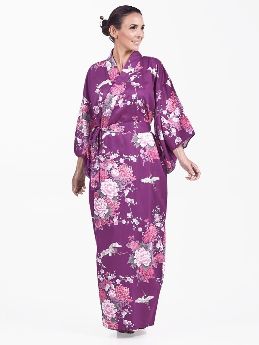 Kimono Japonais Femme Violet Pivoine & Grue - Taille unique