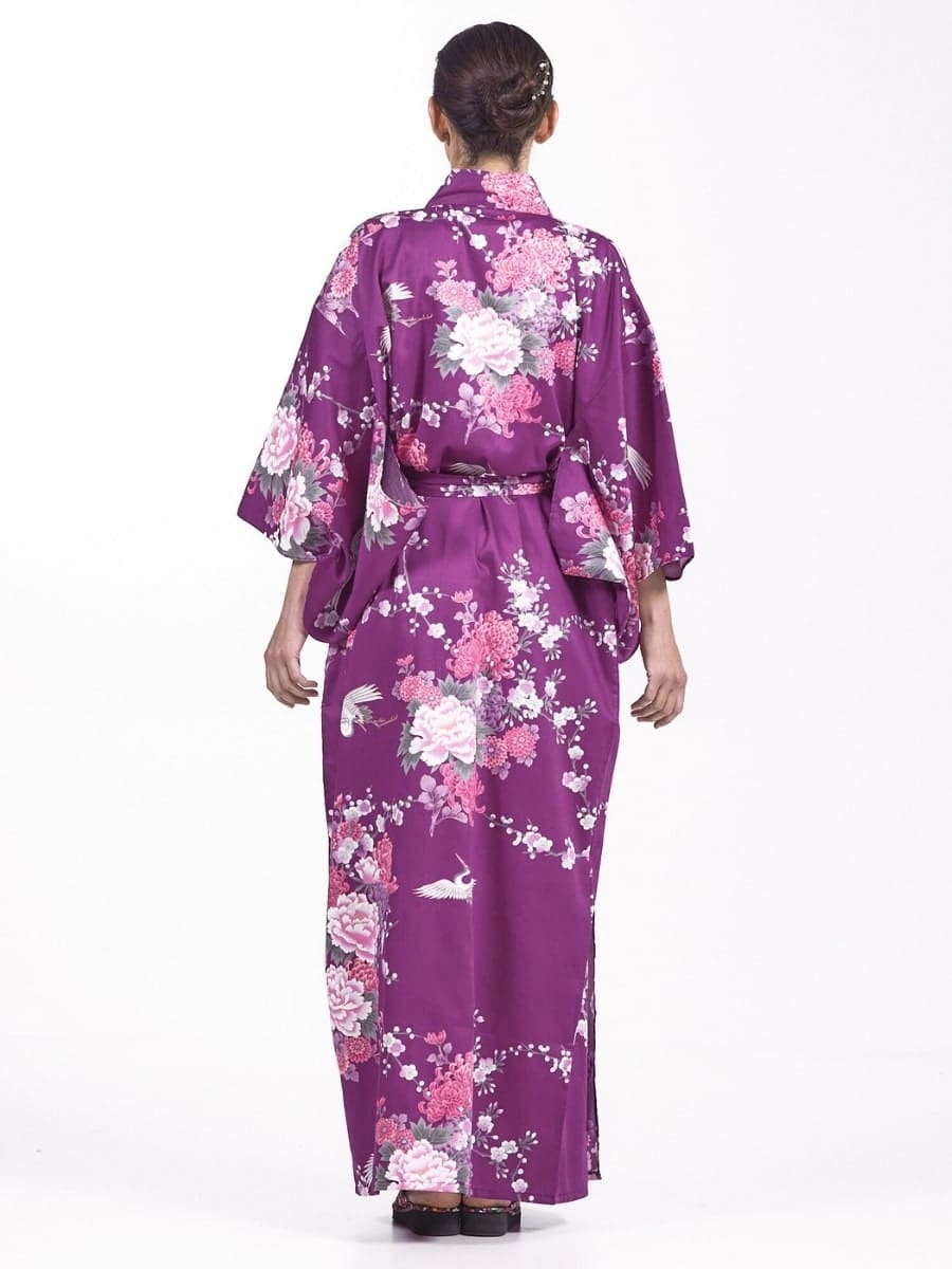 Kimono Japonais Femme Violet Pivoine & Grue - Taille unique