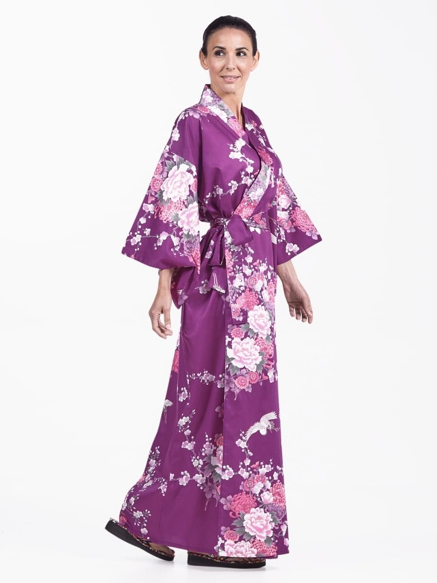 Kimono Japonais Femme Violet Pivoine & Grue - Taille unique