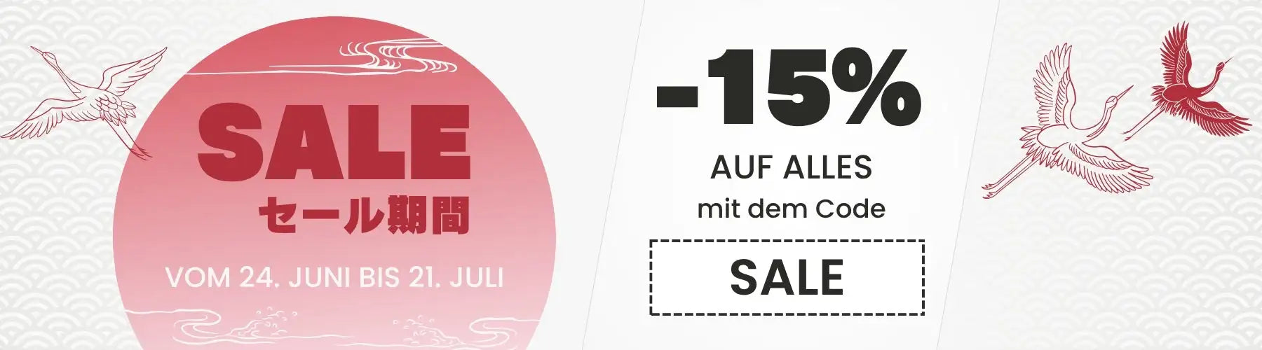 Rosa zirkuläres Verkaufsbanner mit rotem Text und weißen Kran-Illustrationen.