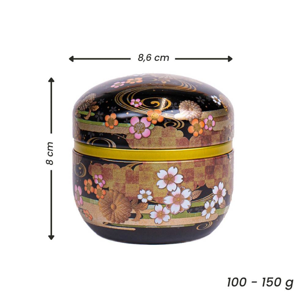 Runde Japanische Metall-Teedose - Blumen Schwarz