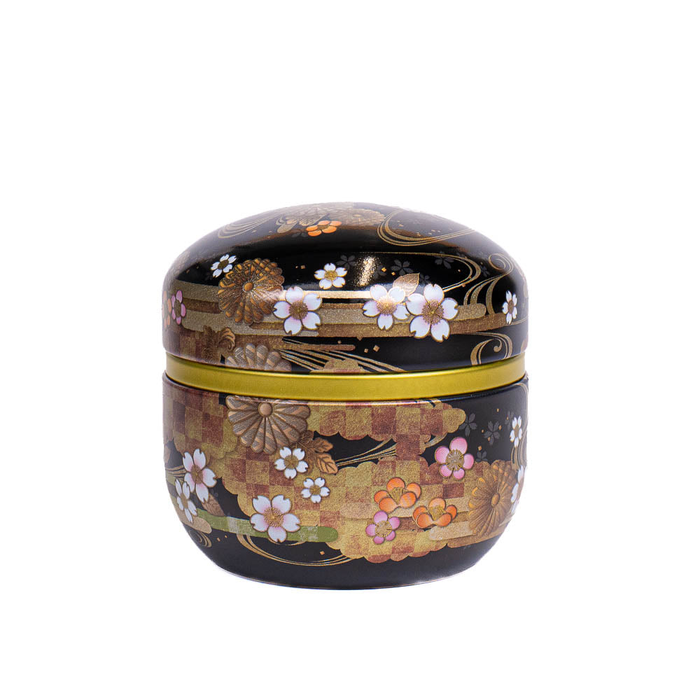 Runde Japanische Metall-Teedose - Blumen Schwarz