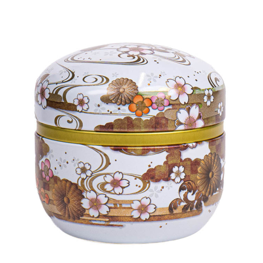 Runde Japanische Metall-Teedose - Blumen Weiß
