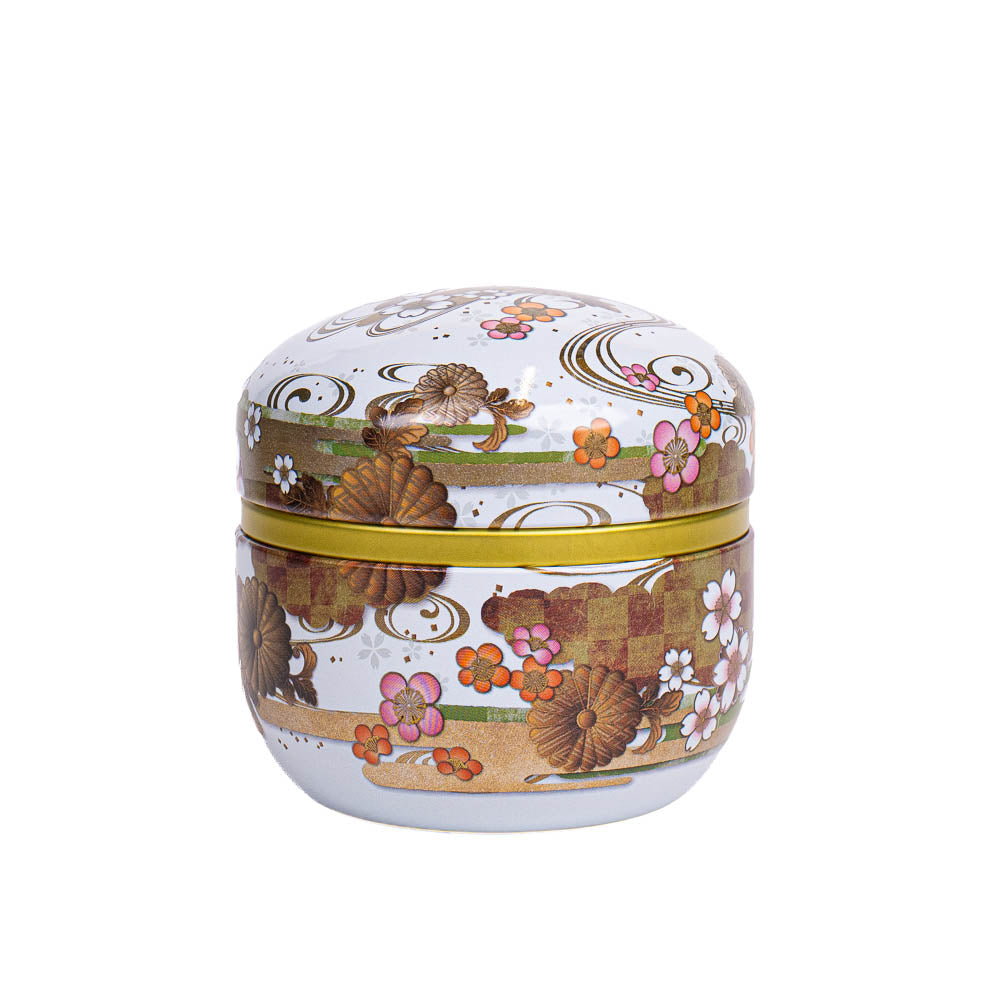 Runde Japanische Metall-Teedose - Blumen Weiß