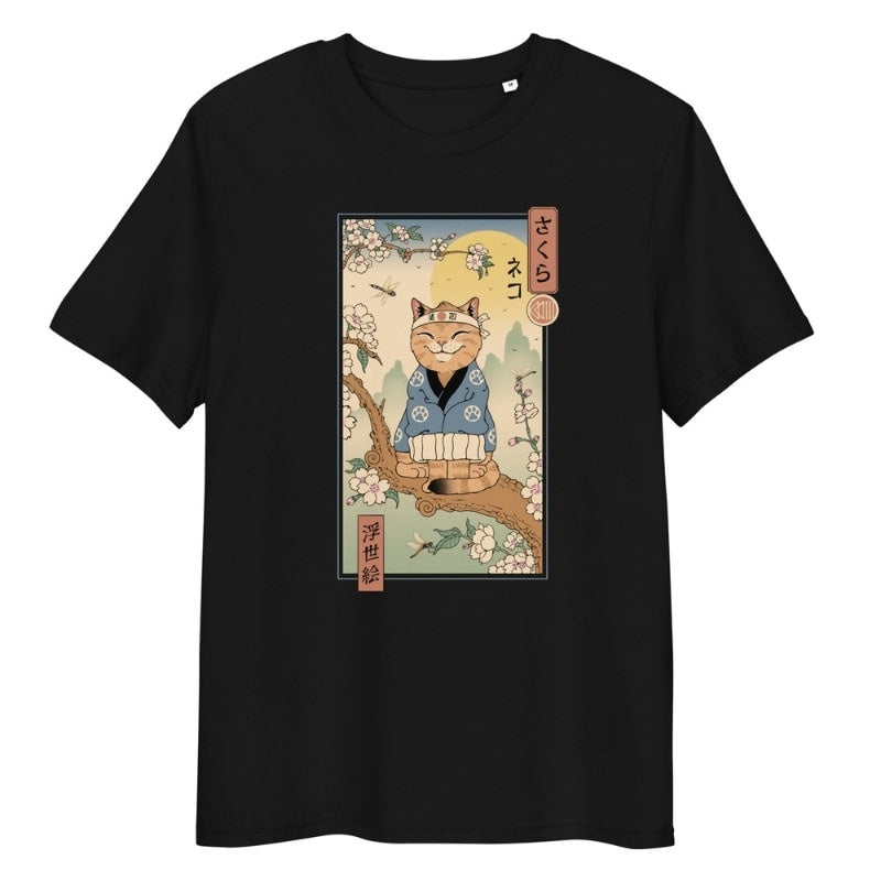 Japanisches T-Shirt Ukiyo-e Neko Sakura - S / Schwarz