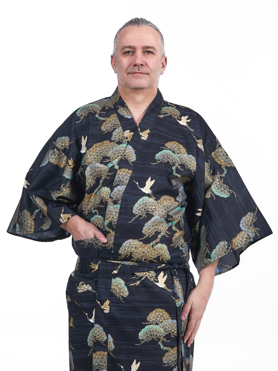 Yukata Kimono Männer - Happi Kranich & Kiefer Einheitsgröße