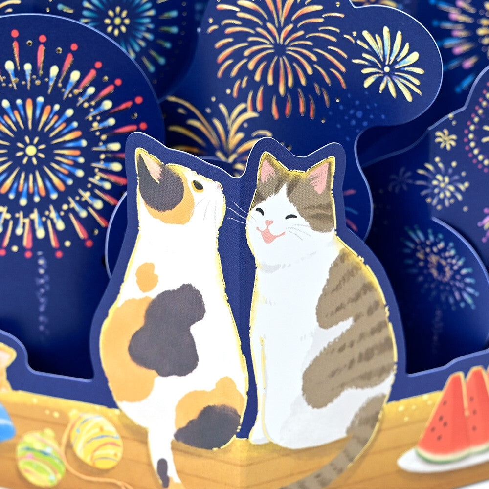 3D-Karte - Katzen & Japanisches Feuerwerk