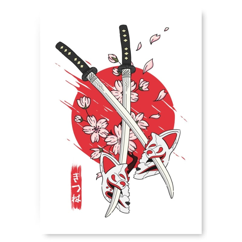 Japanisches Poster Kitsune &amp; Katana - A3