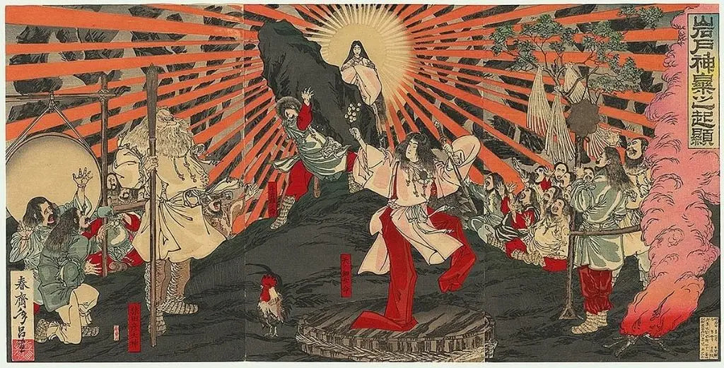 Darstellung der Göttin Amaterasu, die aus der Höhle kommt, von Shunsai Toshimasa.