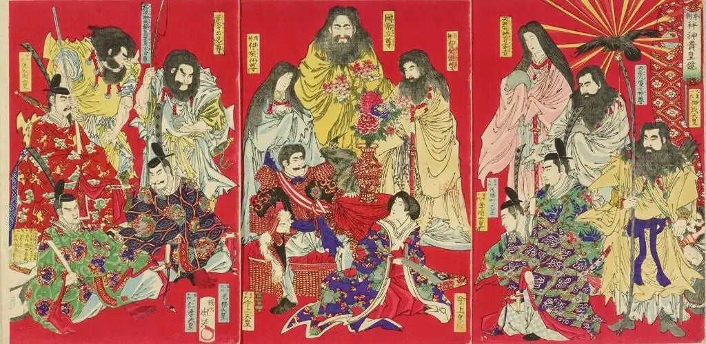 Kaiser Meiji und seine Frau umgeben von Kami und ehemaligen Kaisern, Stich von Toyohara Chikanobu aus dem Jahr 1878