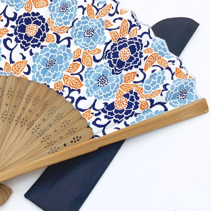 Éventails Japonais Yuzen Botan Bleu