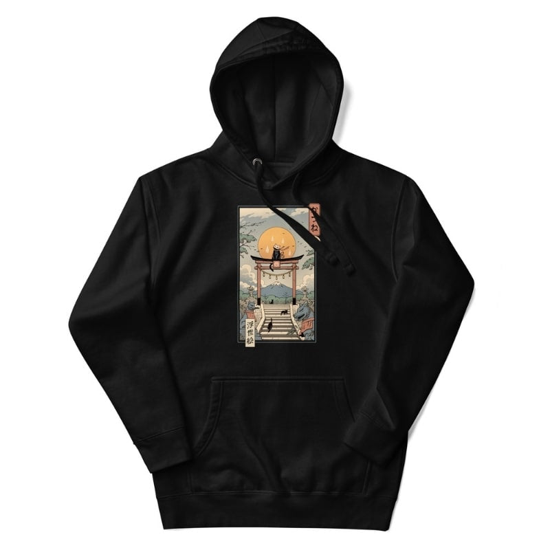 Japan Hoodie - Ukiyo-e Neko Inari S / Schwarz