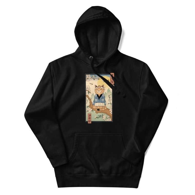 Japan Hoodie - Ukiyo-e Neko Sakura S / Schwarz