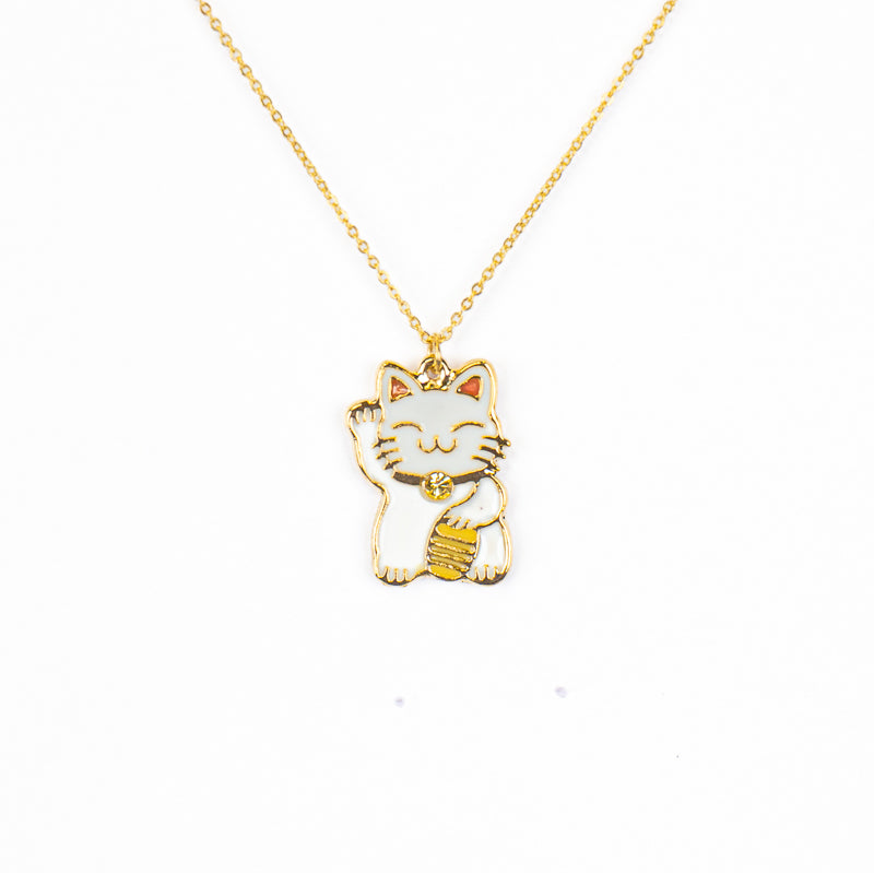 Japanische Halskette mit Anhänger Maneki-Neko Weiß und Gold
