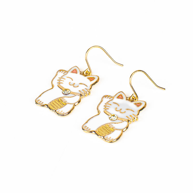 Japanische Ohrringe Maneki-Neko Weiß und Gold