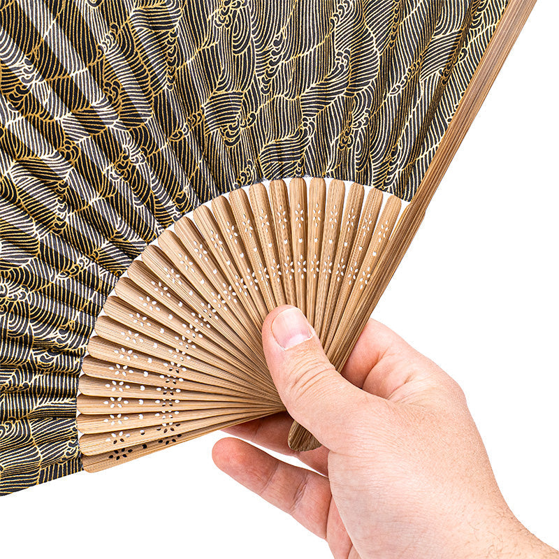 Japanischer Fächer Mino Washi Schwarz Wellen
