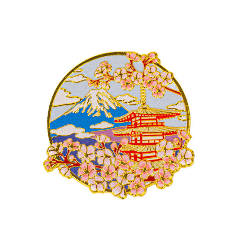 Japanischer Metallmagnet Pagode Fuji & Sakura