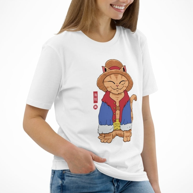 Japanisches T-Shirt Neko Strohhut