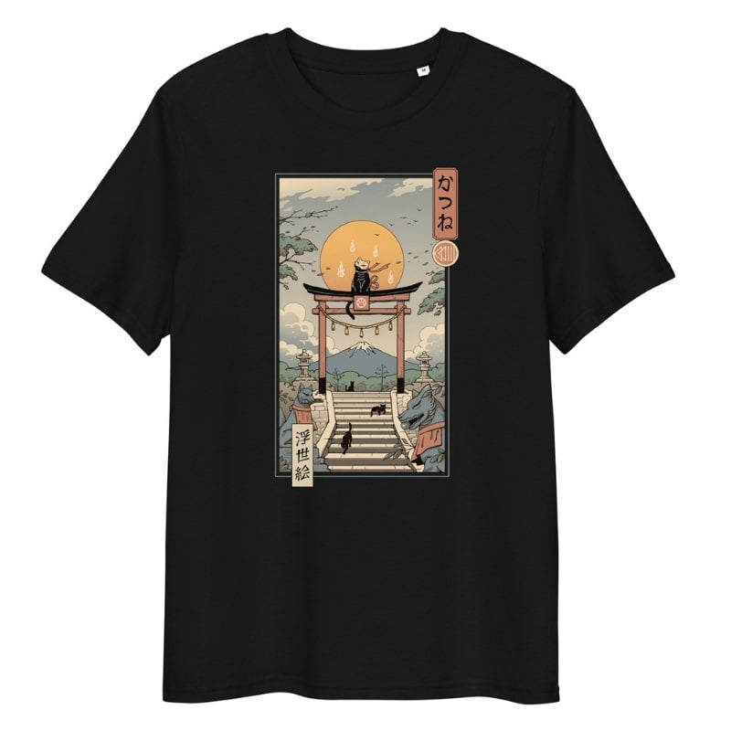 Japanisches Ukiyo-e T-Shirt Neko Inari S / Schwarz