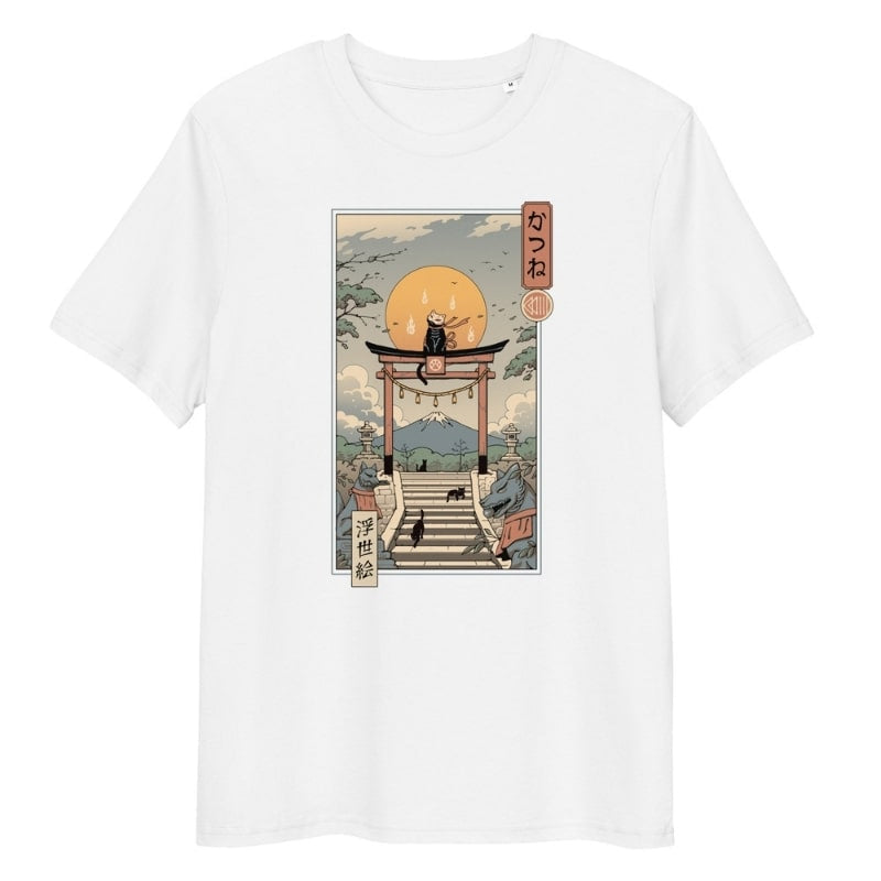 Japanisches Ukiyo-e T-Shirt Neko Inari S / Weiß