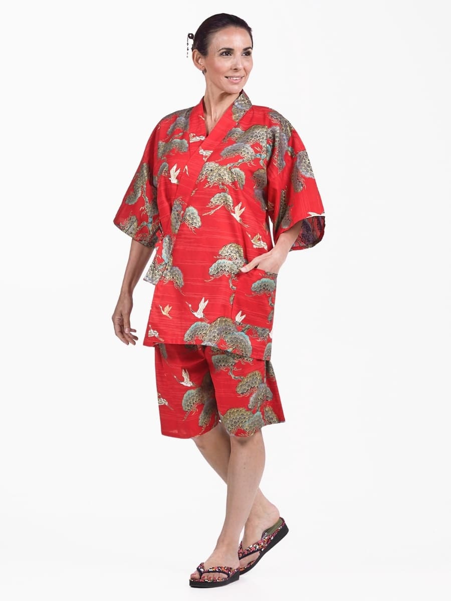 Jinbei Damen – Rot mit Kranich & Kiefer S