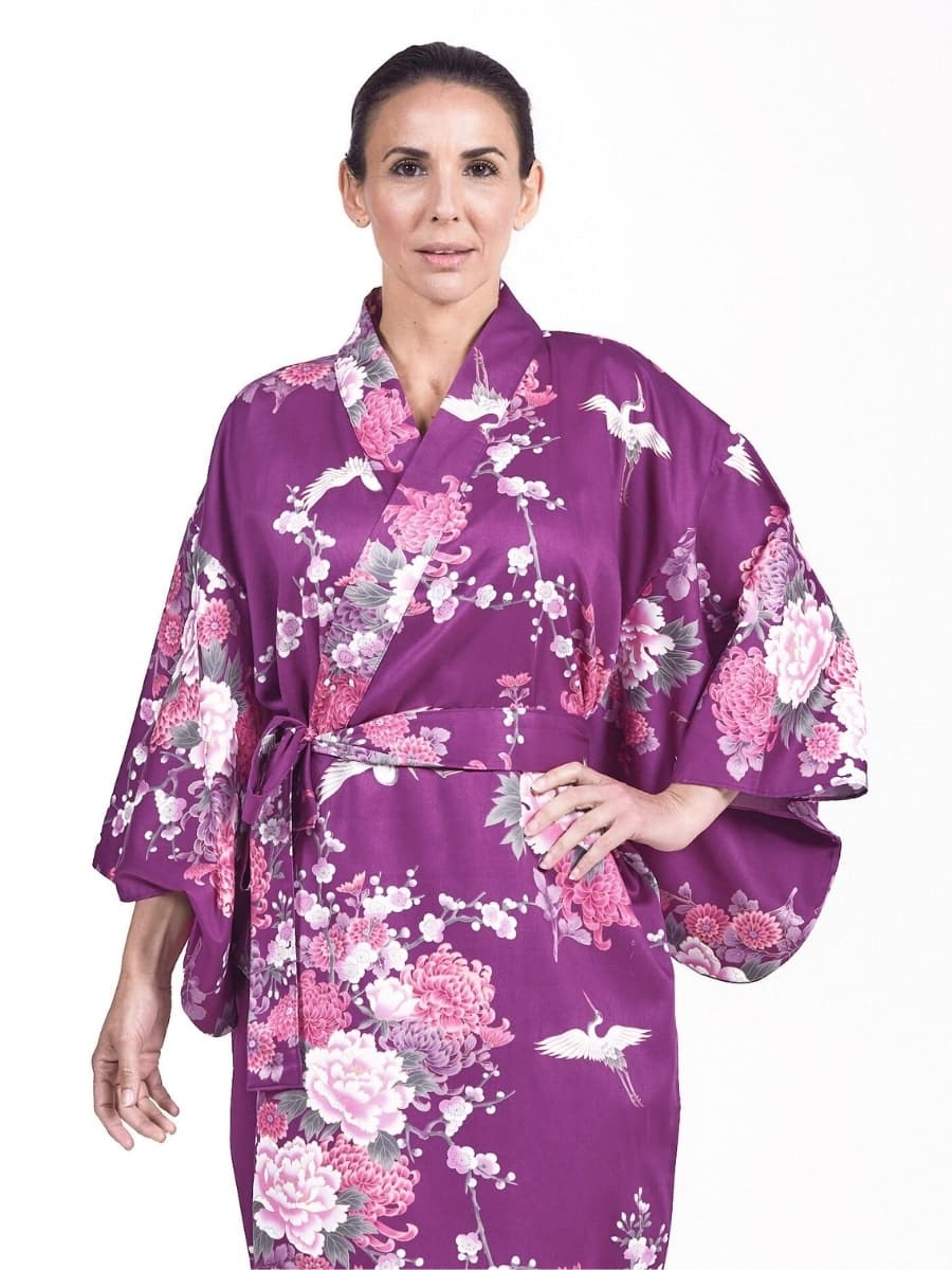 Kimono Damen – Violett mit Pfingstrose & Kranich Einheitsgröße