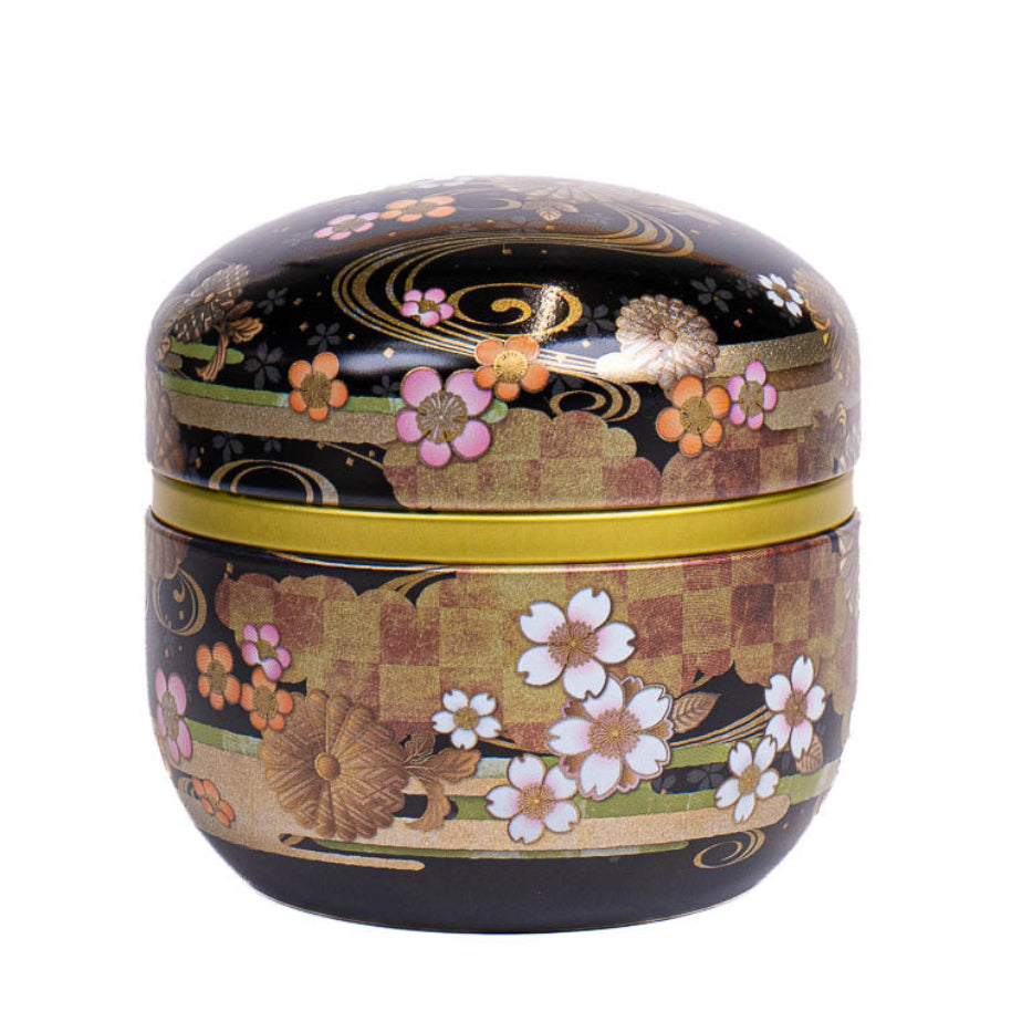 Runde Japanische Metall-Teedose - Blumen Schwarz