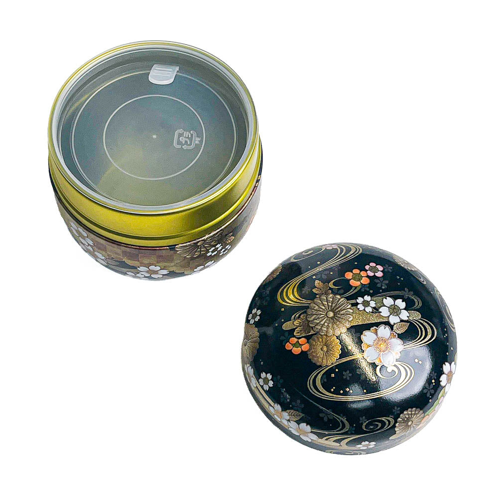 Runde Japanische Metall-Teedose - Blumen Schwarz
