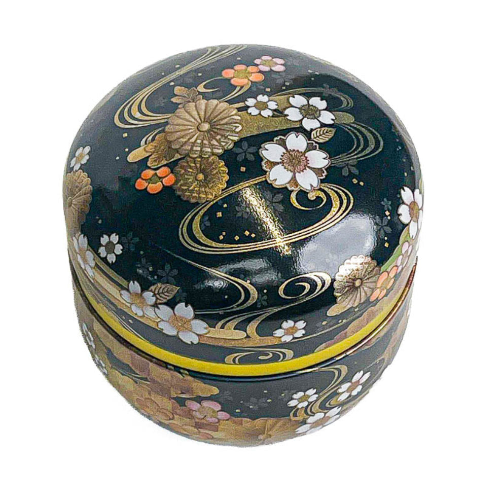 Runde Japanische Metall-Teedose - Blumen Schwarz