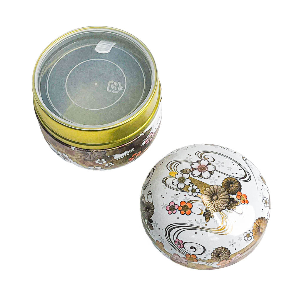 Runde Japanische Metall-Teedose - Blumen Weiß