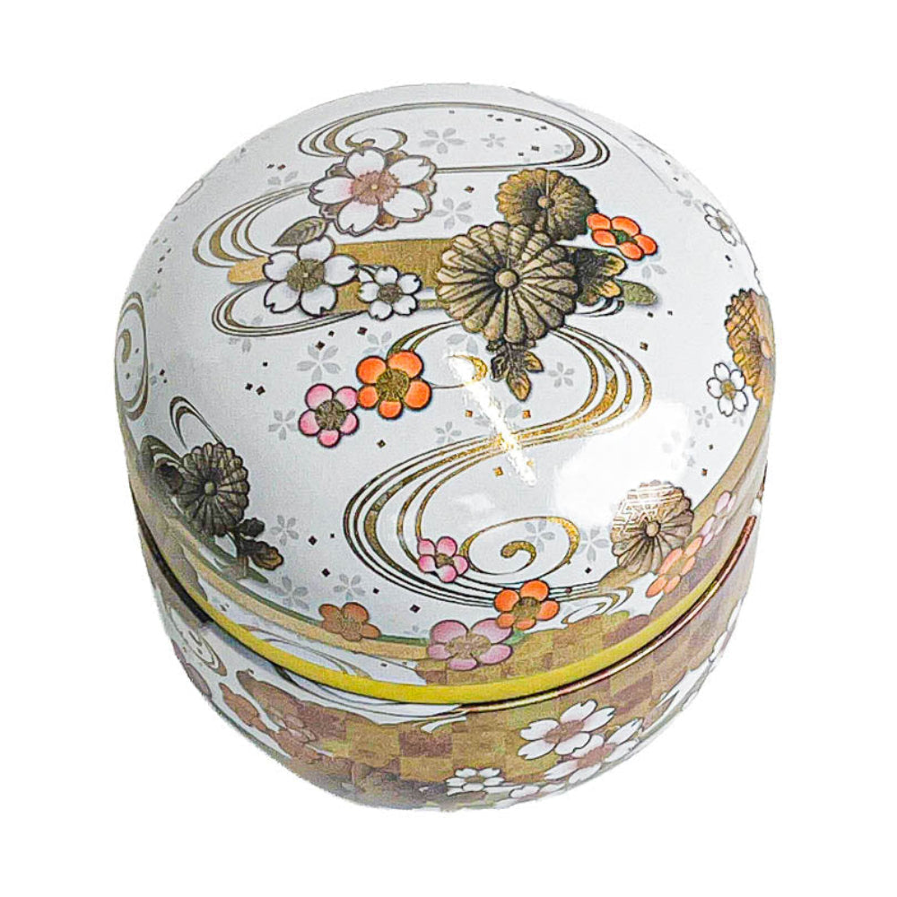 Runde Japanische Metall-Teedose - Blumen Weiß