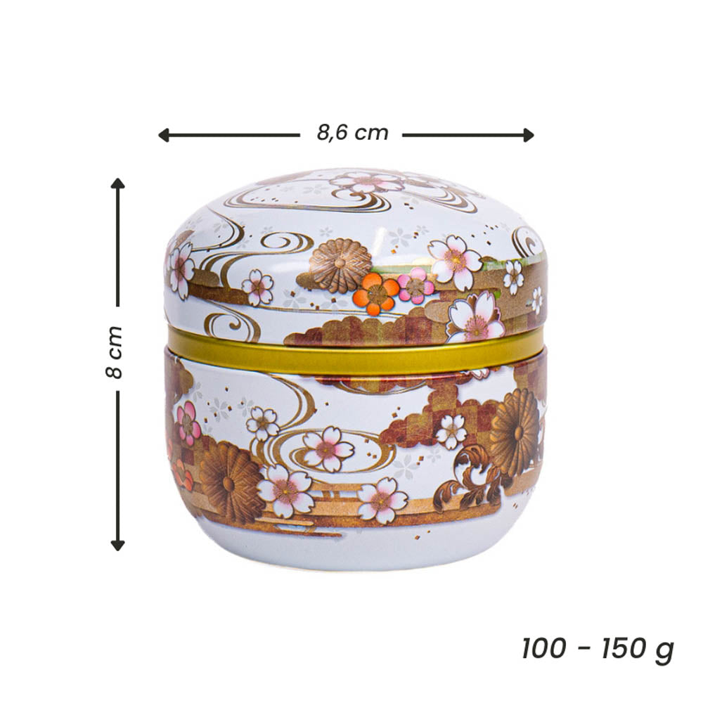 Runde Japanische Metall-Teedose - Blumen Weiß